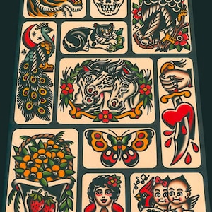 May include: A sheet of traditional tattoo flash art featuring a variety of designs, including a tiger, skull, eagle, peacock, cat, horses, flowers, butterfly, dagger, strawberries, a woman, a cardinal, and cherubs. The designs are in a classic American traditional style with bold lines and bright colors.
