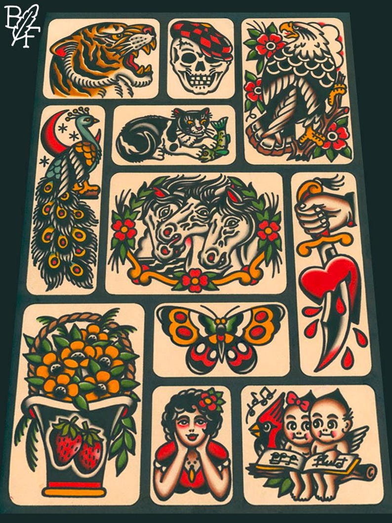 Eleven Panel Traditional Tattoo Flash Sheet (11x17) - Etsy