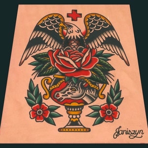 Stampa artistica con tatuaggio tradizionale &quot;Aquila e vaso&quot; (8x10)