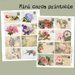 Mini cartões postais digitais para impressão, flores surradas estilo vintage para diário de lixo, diário, scrapbooking