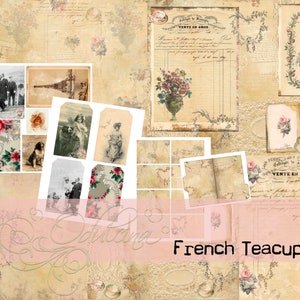 Kit de xícara de chá francesa, download digital - papéis antigos - para impressão para diário e arte - JPG - clipart
