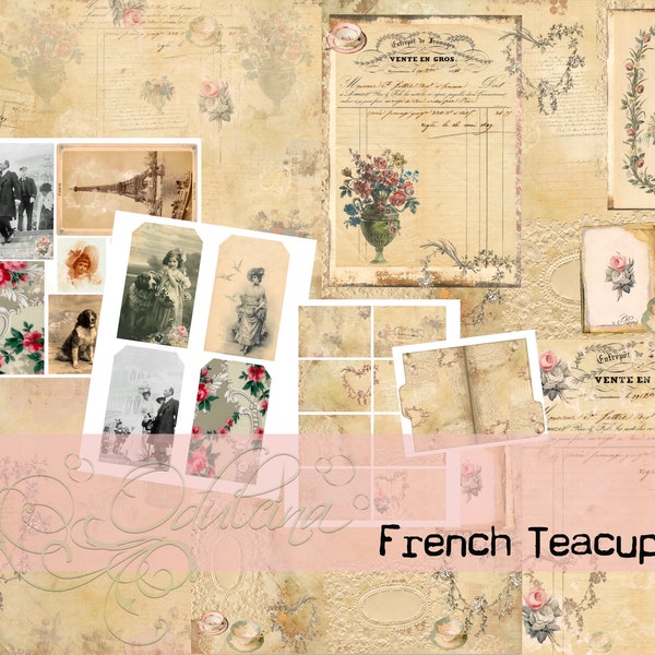 French teacup kit, Digital Download - Antique Papers - Printable for Journaling and Art - JPG - clipart