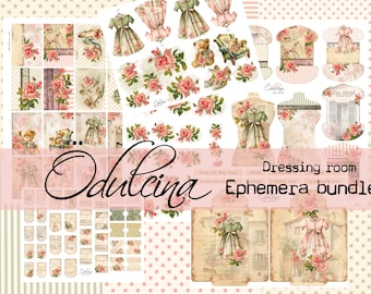 Ankleidezimmer Ephemera Bundle, shabby chic Stil, Spitzenhalter, Streichholzbrief, Etiketten, Kleid im Vintage-Stil - Printable für Journaling und Kunst