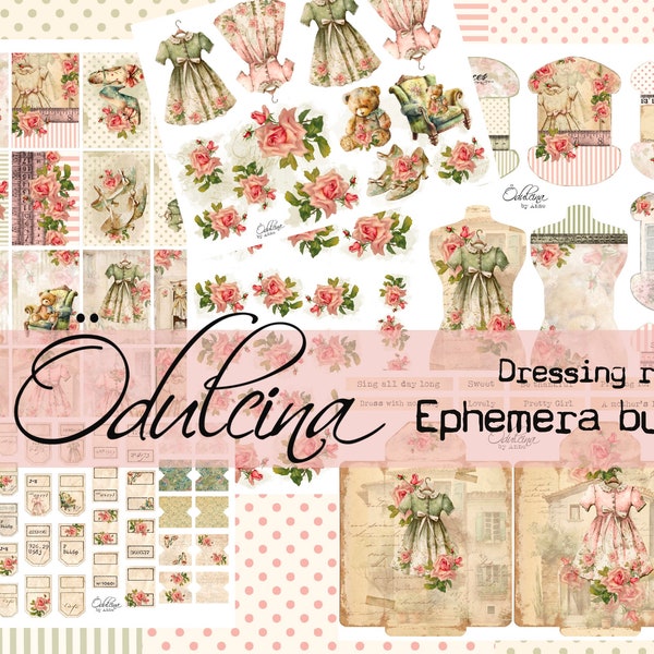 Lot d'éphémères pour dressing, style shabby chic, support pour dentelle, pochette d'allumettes, étiquettes, robe de style vintage - imprimable pour la journalisation et l'art