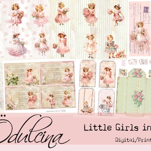 Little Girls in Pink set digitale, stampabile, ragazze in stile acquerello, diario spazzatura effimera creazione romantica shabby chic - Odulcina