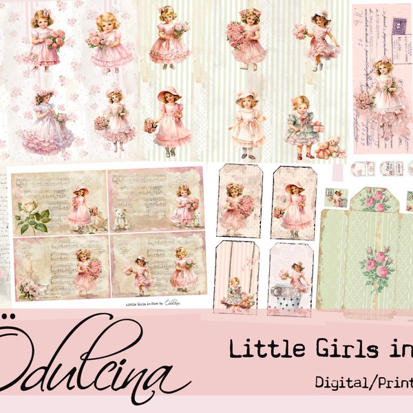 Little Girls in Pink digital set, printable, watercolor style girls, junk journal ephemera romantic shabby chic creation - Odulcina