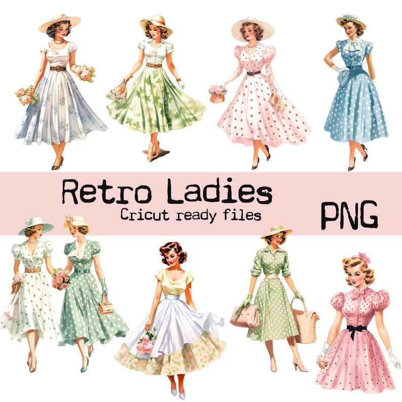 Retro Ladies, PNG Files Ready for Cricut Machine, Junk Journal Ephemera ...
