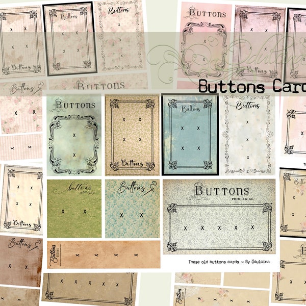 Buttons Cards digital set, printable, for junk journal ephemera creation - vintage style, sewing theme - Odulcina
