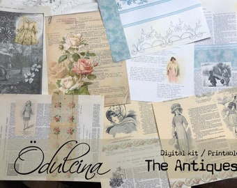 Könnte beinhalten: Ein digitaler Druck-Kit mit dem Titel "The Antiques" und dem Wort "Odulcina" in Kursivschrift. Das Kit enthält Bilder von Vintage-Illustrationen, Mustern und Text. Die Bilder sind in Braun-, Weiß- und Blautönen gehalten.