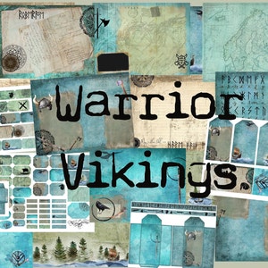 Puede incluir: Un collage digital de imágenes con una combinación de colores azul y verde. El collage presenta imágenes con temática vikinga, incluyendo barcos, runas y un mapa. El texto "Warrior Vikings" se muestra de forma prominente en el centro del collage.