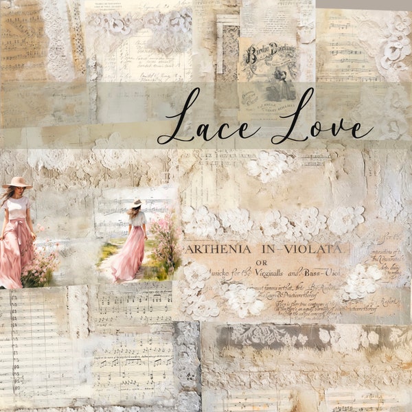 Lace Love Digital Set, shabby druckbar, Spitzenpapier, grungy Papier, rustikale druckbare Papiere, Vintage, Musikjunk Journal Collage digital