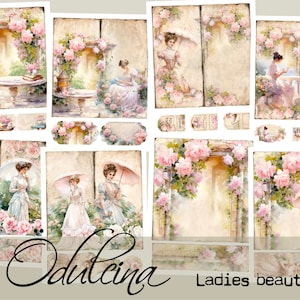 Ladies Beauty Slim Seiten, um ein Junk Journal mit Dekorationen zu erstellen. Pingelige geschnittene Rosen - Printable für Journaling und Kunst.