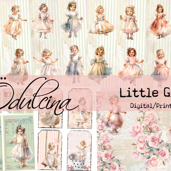 Little Girls digital set, printable, watercolor style girls, junk journal ephemera romantic shabby chic creation - Odulcina