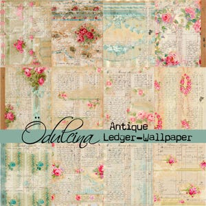 May include: A collage of antique ledger paper with floral and decorative elements. The design features faded ledger pages with pink roses, script, and vintage patterns. The text "Odulcina Antique Ledger-Wallpaper" is visible.
