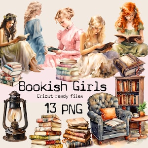 Peut inclure: Un téléchargement numérique de 13 images PNG représentant des illustrations à l'aquarelle de filles lisant des livres. Les images comprennent des piles de livres, une bibliothèque, une lampe et un fauteuil. Le texte "Bookish Girls Cricut ready files 13 PNG" est inclus dans l'image.
