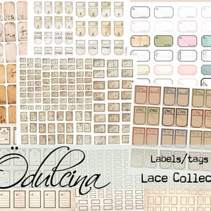Etiketten voor kantcollectie, identificatielabels, voorbeeldlabel, staaltag, bemonsteringslabels, kantboek, kantcollectieboek - Odulcina