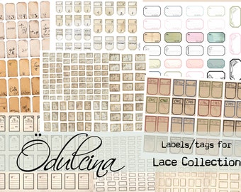 Könnte beinhalten: Ein digitaler druckbarer Bogen mit Etiketten und Anhängern im Vintage-Stil für eine Spitzenkollektion. Der Bogen enthält verschiedene Größen und Formen von Etiketten mit unterschiedlichen Schriftarten und Designs. Die Etiketten sind in Braun-, Weiß- und Schwarztönen gehalten.