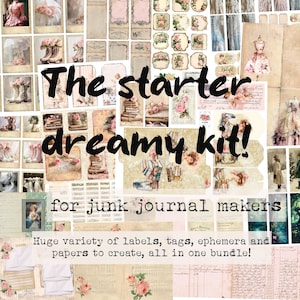以下が含まれることがあります： ジャンクジャーナル作家向けのヴィンテージスタイルの紙のコラージュ。画像には、花柄やアンティークデザインのラベル、タグ、紙が含まれています。テキストは「The starter dreamy kit!」と「Huge variety of labels, tags, ephemera and papers to create, all in one bundle!」と書かれています。