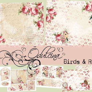 Vögel & Rosen, shabby chic und Antik Stil Papiere - Printable für Junk Journal, Journaling und Art - JPG - Clipart