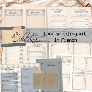 Può includere: Un kit di campionamento di pizzo in stile vintage con vari elementi cartacei. Il kit include pagine di registro, etichette e cartellini nei toni del beige, blu e crema. Il testo "Lace sampling kit in French" è visibile.