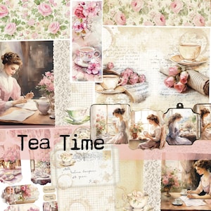 Könnte beinhalten: Eine Collage aus Bildern mit Vintage-Ästhetik, die Frauen beim Schreiben von Briefen, Teetrinken und Genießen eines entspannten Nachmittags zeigt. Die Collage enthält florale Muster, Spitze und handschriftlichen Text. Der Text "Tea Time" ist prominent in der Mitte der Collage platziert.