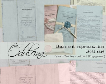 Legal size printable, Vintage reproduction document of a teacher&#39;s contract, in French - Antique Papers - Printable for Junk journal