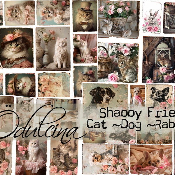 Shabby Friends printable, for junk journal, Cat ephemera, Dog deco, Rabbit love - Odulcina