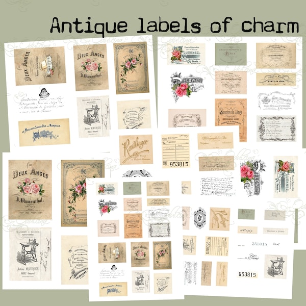 Antique Labels digital set, printable, for junk journal ephemera creation - to print on fabric or paper - Odulcina