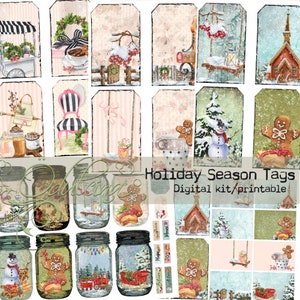 Tagi na okres świąteczny, do wydrukowania, projekt słoika typu mason, tworzenie tagów, dekoracja Junk Journal, pobieranie cyfrowe, styl Shabby Chic, Odulcina