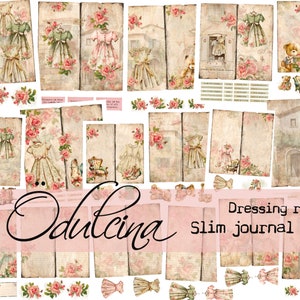 Kleedkamer Slanke pagina's om een slank junk-dagboek met decoraties te maken. Kieskeurig gesneden jurk en rozen - afdrukbaar voor journaling en kunst.