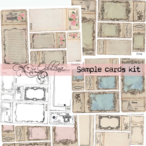 Vintage Sample Cards digital set, printable, for junk journal ephemera creation - to insert laces and fabric, create clusters - Odulcina