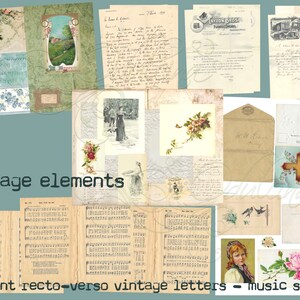 May include: A collection of vintage elements including letters, music sheets, postcards, and floral illustrations. The elements are printed on aged paper with a distressed look. The text "Print recto-verso vintage letters - music sheets" is at the bottom of the image.