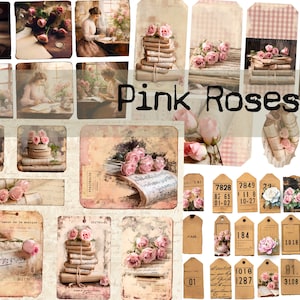Roze rozen, armoedige rozen voor het decoreren van een junkjournaal, scrapbookpagina - afdrukbaar voor journaling en kunst.