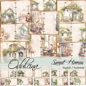 Zestaw Sweet Home, domy i kawiarnia Junk Journal, pobieranie cyfrowe, do druku, styl Shabby Chic, Odulcina