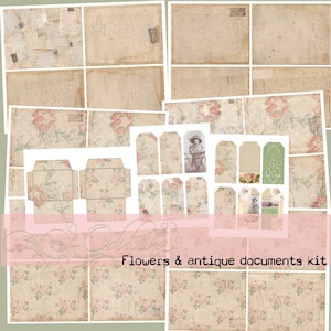 Kit voor bloemen en antieke documenten, digitale download - antieke papieren - afdrukbaar voor journaling, ongewenste tijdschriften en kunst - JPG - clipart