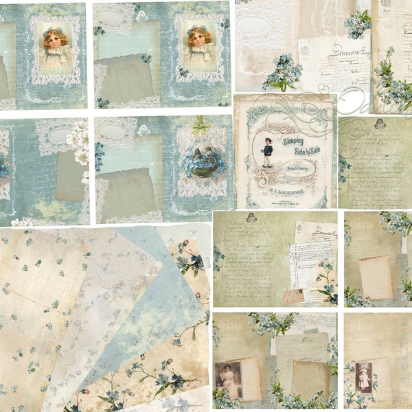 Forget me not kit, Digital Download - Antique Papers - Printables for Journaling and Art - JPG - clipart