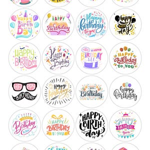 May include: A selection of circular stickers featuring the text "Happy Birthday" in diverse styles and hues. Designs incorporate cakes, balloons, and confetti. These stickers are ideal for party decorations or gift embellishments.