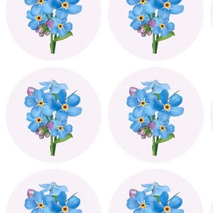 May include: Six round stickers with a white background and a light blue forget-me-not flower bouquet on each.