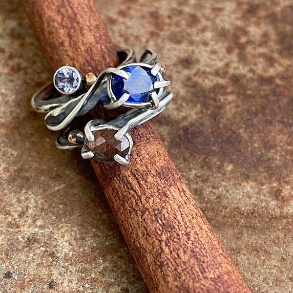 earthbound: organic contemporary sterling silver stacking rings with blue kyanite, golden sapphire, and iolite by Studio Luna Verde