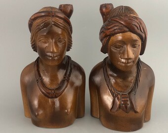 Wood Carved Man and Woman Bust - Tribal Art Wood Sculpture from Indonesia