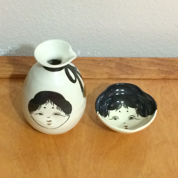 Sake Bottle With Two Faces And One Cup Vintage Asian Pottery Etsy