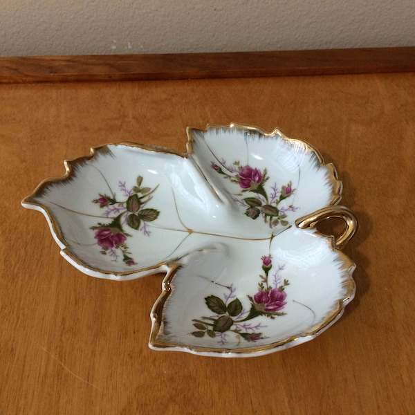 Napco Candy Dish - Leaf Shape Marked IV2180 - Leaf Plate with Roses - Gilded Hollywood Regency Style