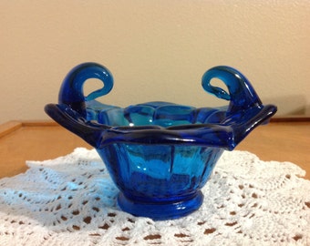 Italian Art Glass Blue Flower Glass Bowl from Italy