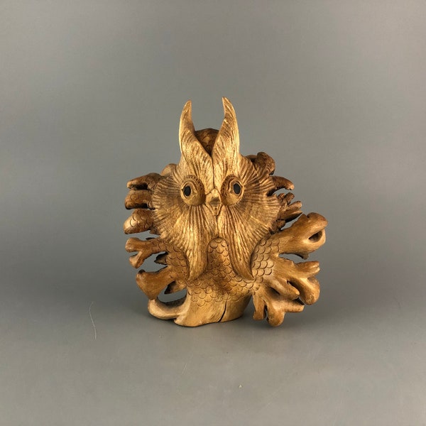 Wood Owl - Carved Bird Sculpture - Parasite Wood Figurine - Chinaberry Wood From Indonesia - Vintage