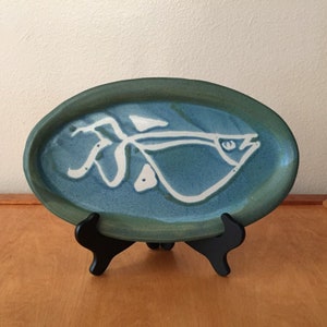 Vintage Abstract Fish Art Plate - Green and Blue Wall Hanging Pottery Art