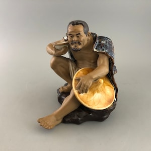 Man Setting on a Rock Chinese Mud Sculpture - Asian Mudman Clay Figurine