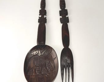 African Carved Wood Fork and Spoon Salad Server Set - Carved Elephant