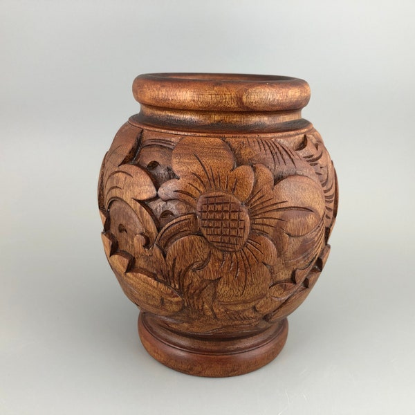 Carved Wood Vase with a Floral Design - 6”