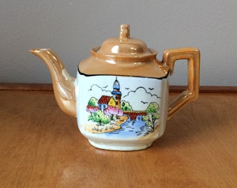 Hand Painted Luster Ware Teapot - Japan 1970's - Village Scene