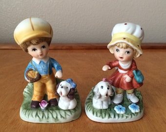 Ceramic Boy and Girl Figurines with Dogs - Homco Taiwan 1430-V